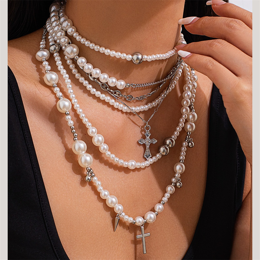 Layered Pendant Necklace Aesthetic - Collier de perles multicouches pour femme,