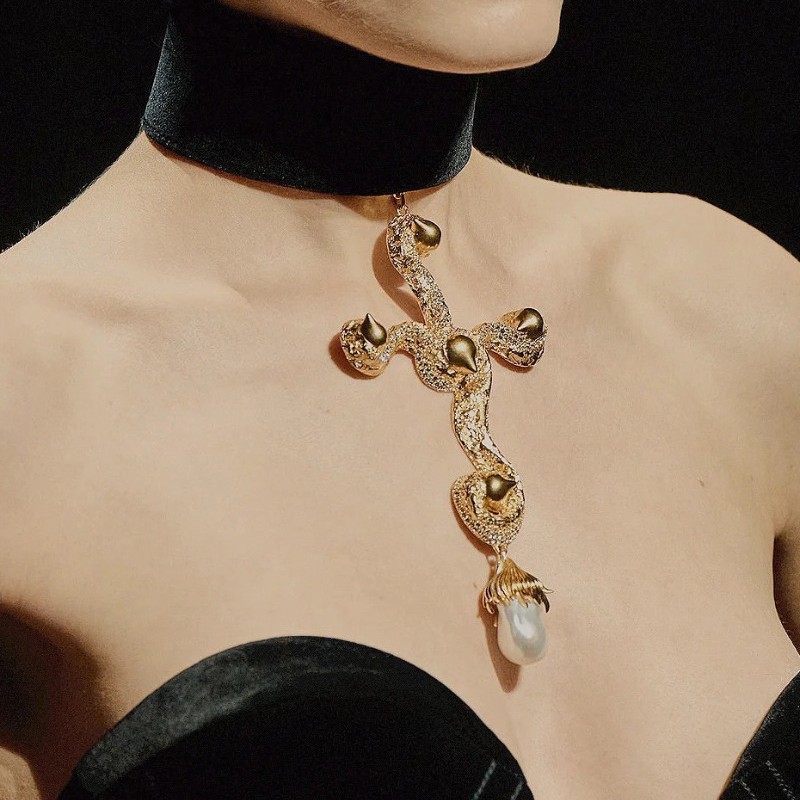 Pearl Choker Necklace Vintage - Collier pendentif croix de perles baroques