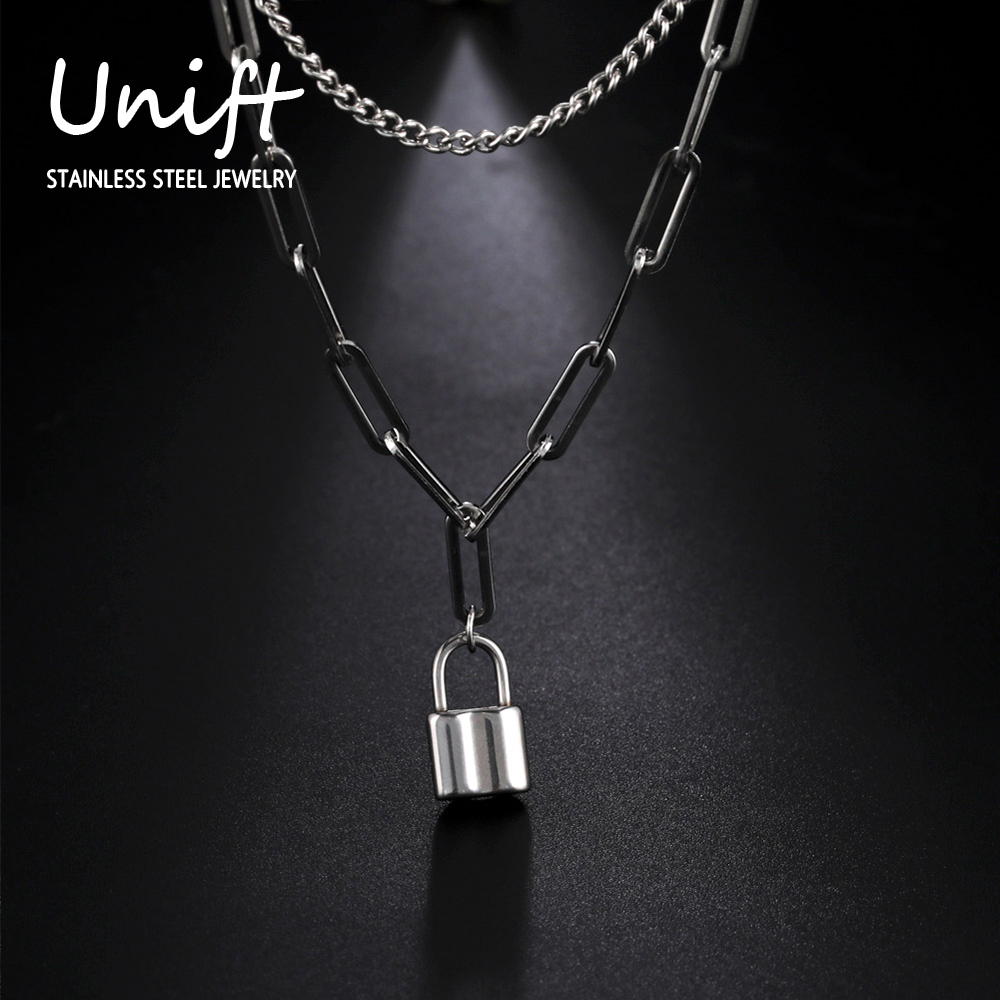 Layered Pendant Necklace Aesthetic - Unift Collier pendentif cadenas en acier