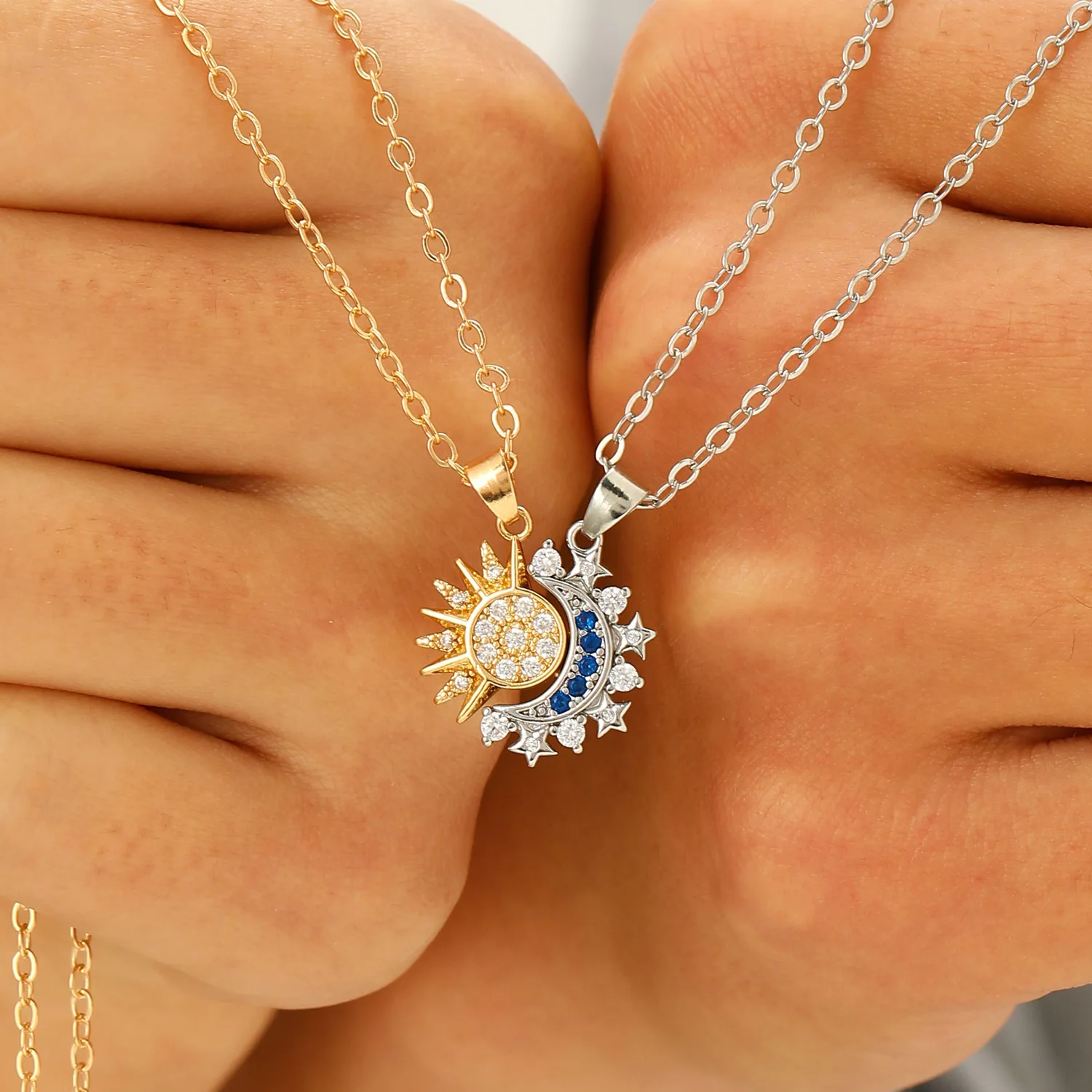 Magnetic Couple Matching Necklaces - Mode brillant strass soleil lune pendentif