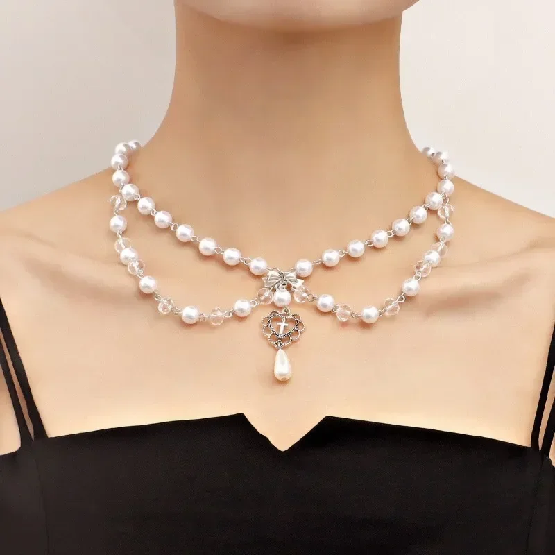 Collier pendentif croix Punk,  - Pearl Choker Necklace Vintage avis et prix