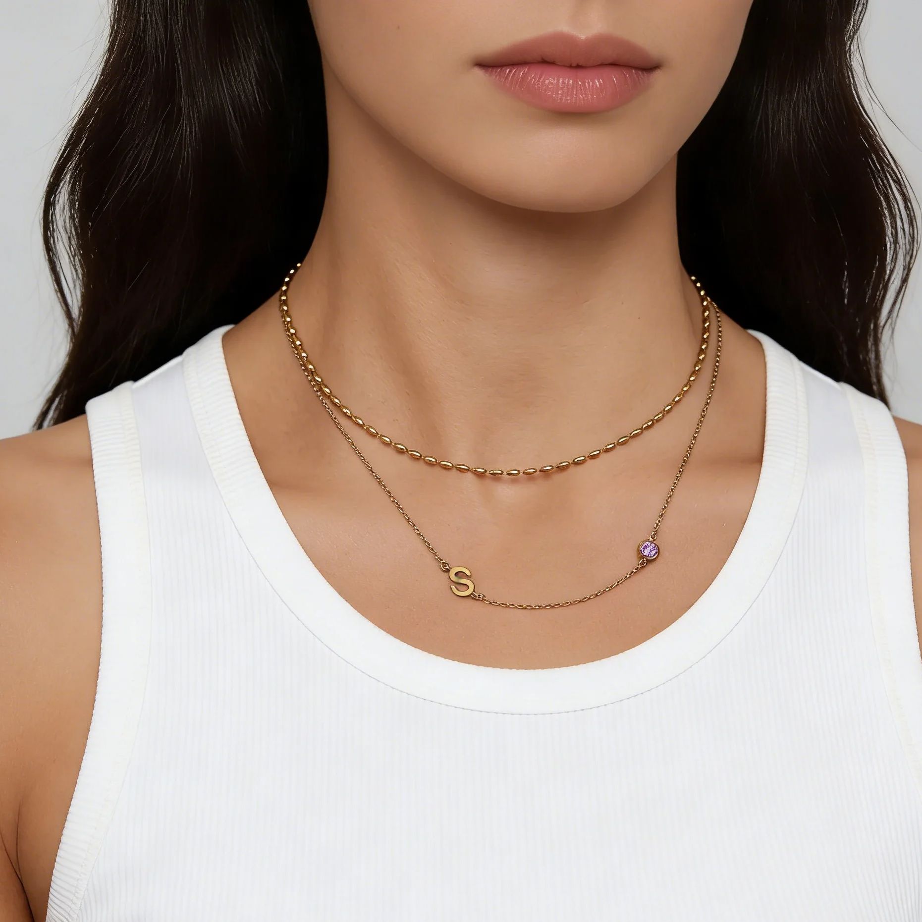Collier avec initiale et pierr - Initial Letter Necklace 18K Gold avis et prix
